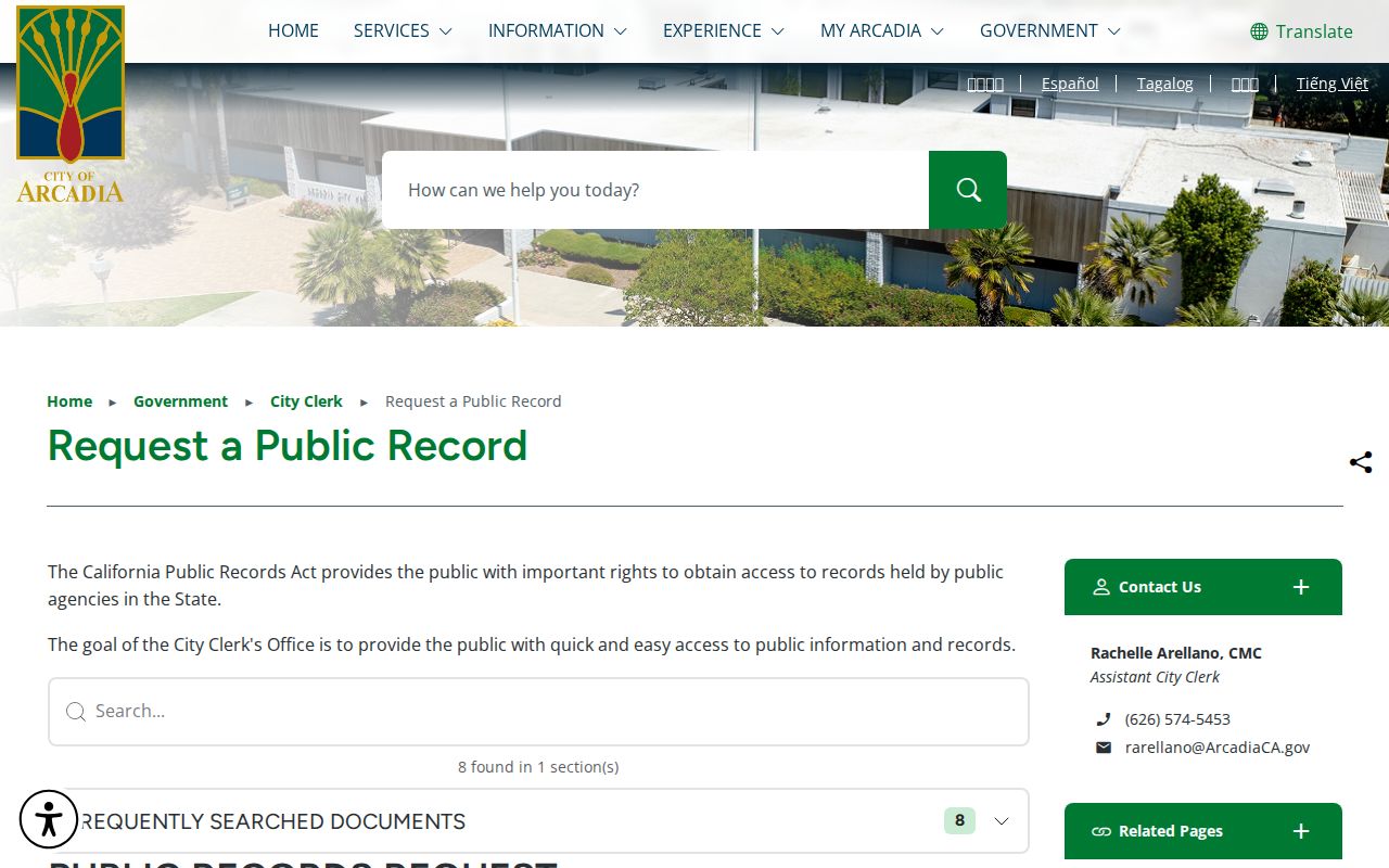 Arcadia people search city public records request page