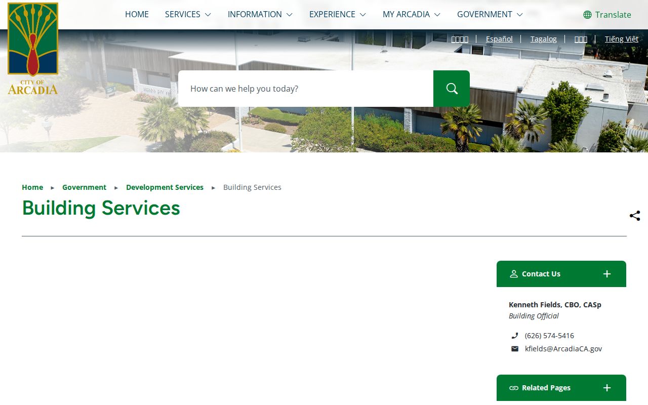 Arcadia people directories Building Services staff and EDGE permit page