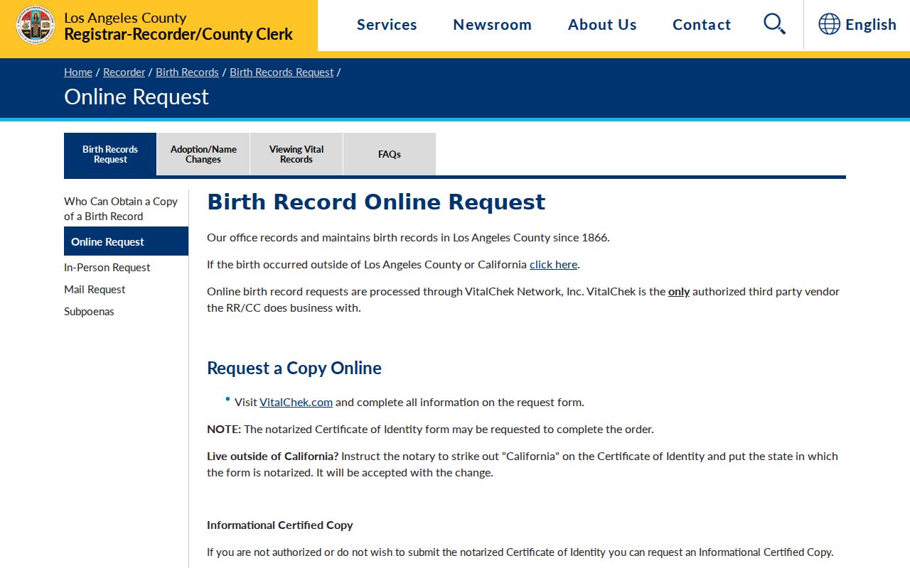 Arcadia public records LA County birth record application