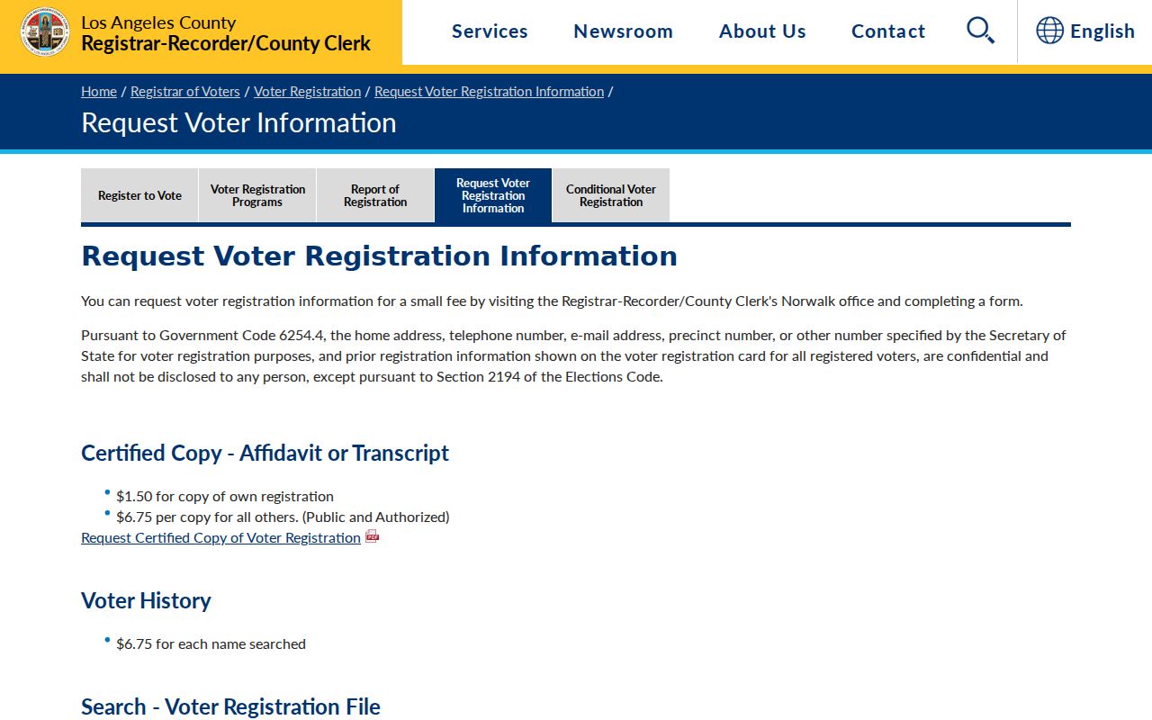 Arcadia voter registration records LA County voter information request